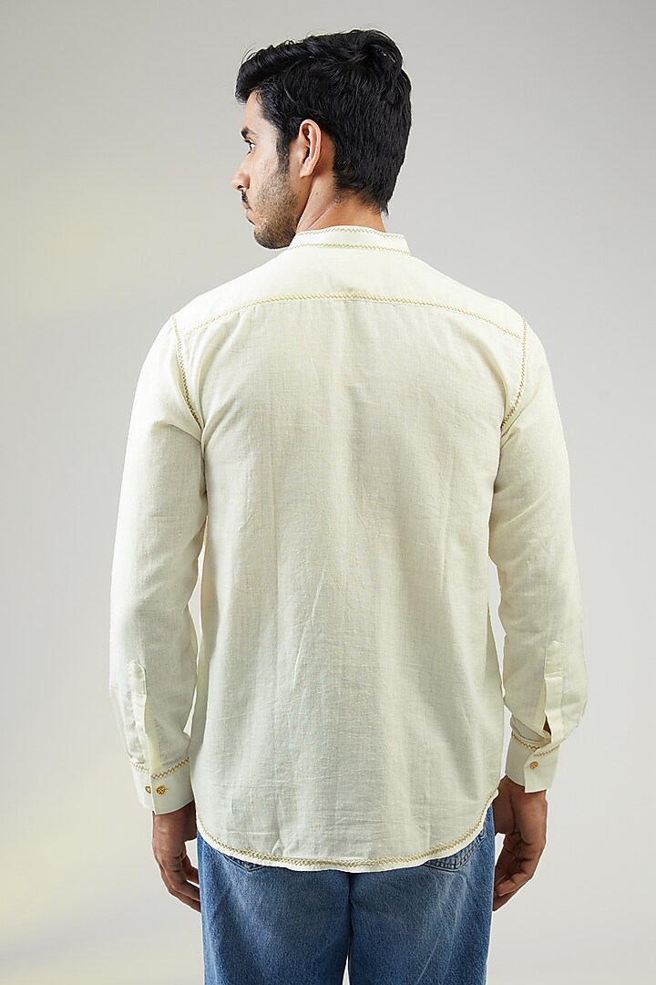 Ivory Handwoven Cotton Hand Embroidered Party Wear Shirt by VAANI BESWAL MEN at Pernia's Pop Up Shop
