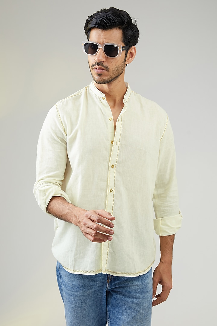Ivory Handwoven Cotton Hand Embroidered Party Wear Shirt by VAANI BESWAL MEN at Pernia's Pop Up Shop