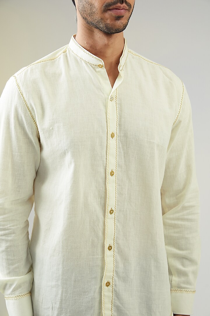 Ivory Handwoven Cotton Hand Embroidered Party Wear Shirt by VAANI BESWAL MEN at Pernia's Pop Up Shop