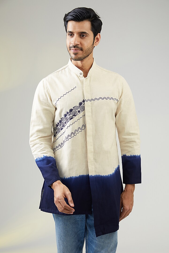 Ivory Handwoven Cotton Khadi Hand Embroidered Asymmetric Kurta by VAANI BESWAL MEN at Pernia's Pop Up Shop