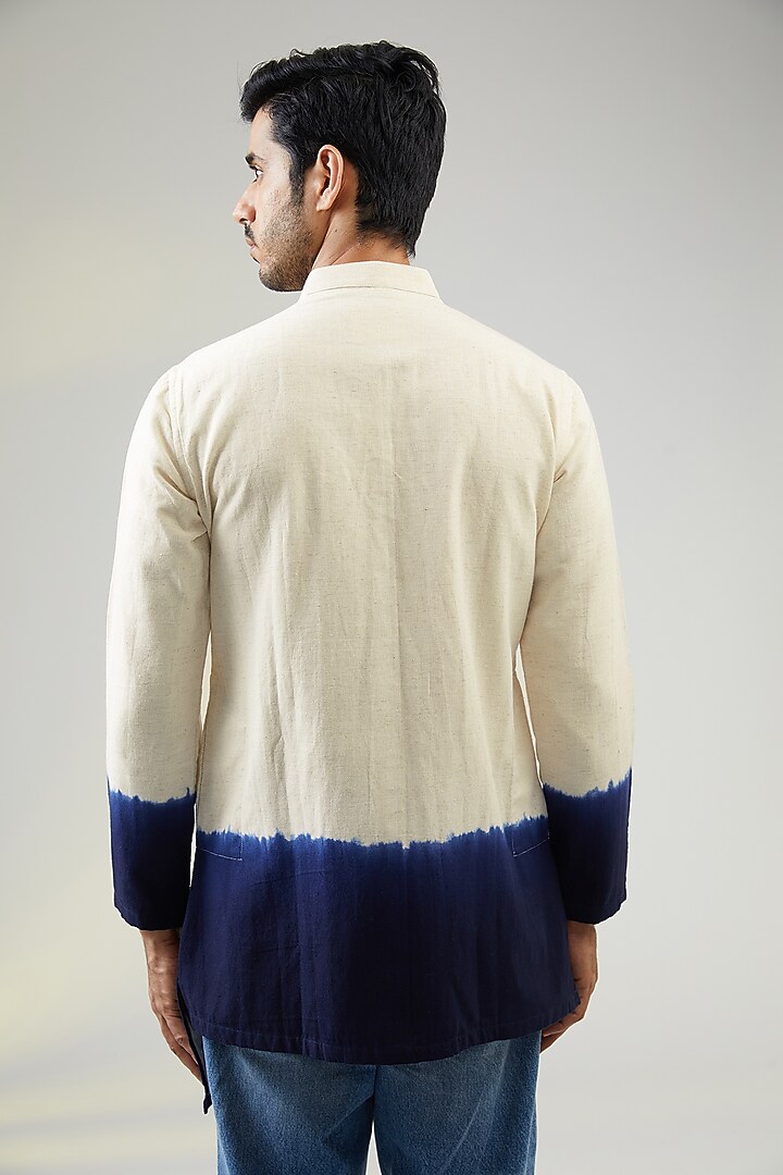 Ivory Handwoven Cotton Khadi Hand Embroidered Asymmetric Kurta by VAANI BESWAL MEN at Pernia's Pop Up Shop