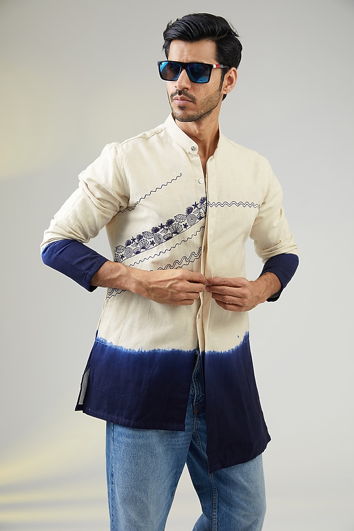 Ivory Handwoven Cotton Khadi Hand Embroidered Asymmetric Kurta by VAANI BESWAL MEN at Pernia's Pop Up Shop