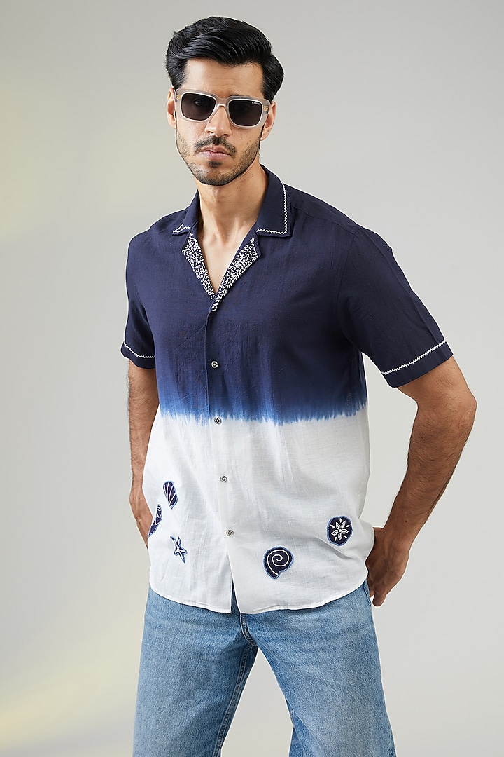 Ivory Handwoven Cotton Silk Hand Applique Party Wear Shirt by VAANI BESWAL MEN at Pernia's Pop Up Shop