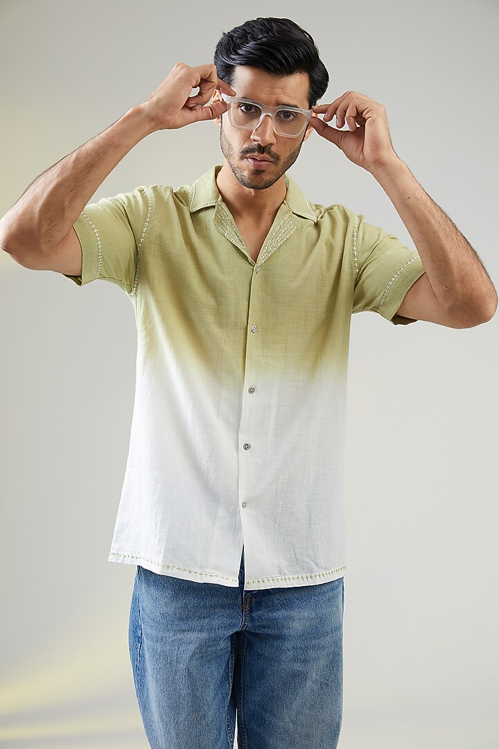 Ivory Handwoven Cotton Silk Hand Embroidered Party Wear Shirt by VAANI BESWAL MEN at Pernia's Pop Up Shop