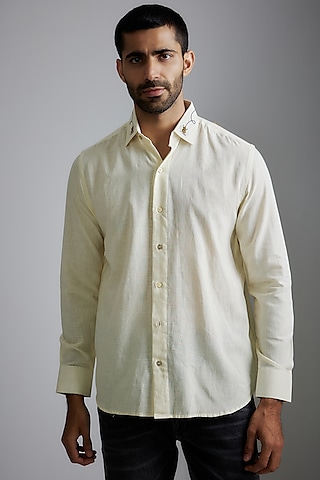 Ivory Handwoven Cotton Embroidered Shirt by VAANI BESWAL MEN