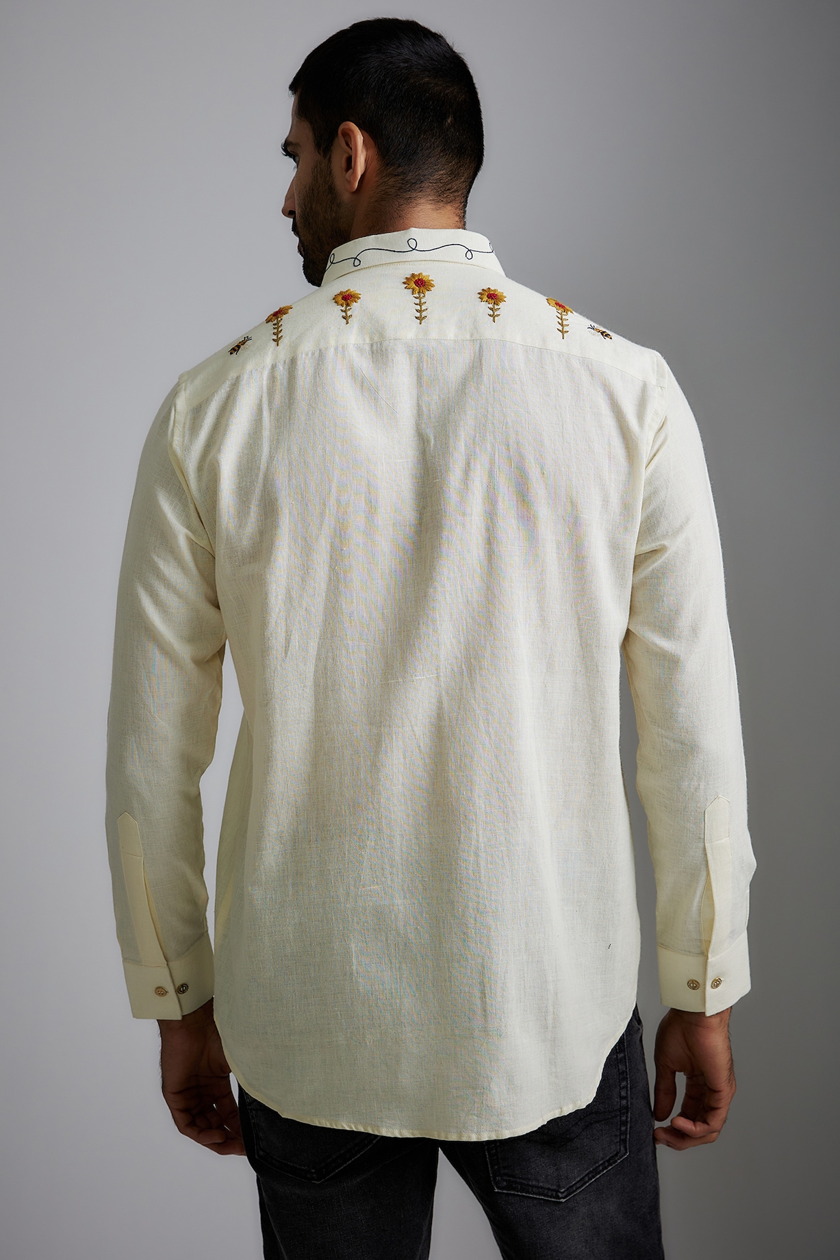 Ivory Handwoven Cotton Embroidered Shirt by VAANI BESWAL MEN