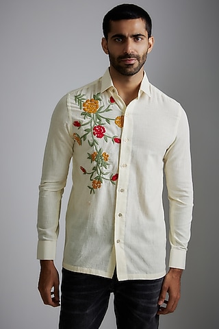 Ivory Handwoven Cotton Embroidered Shirt by VAANI BESWAL MEN