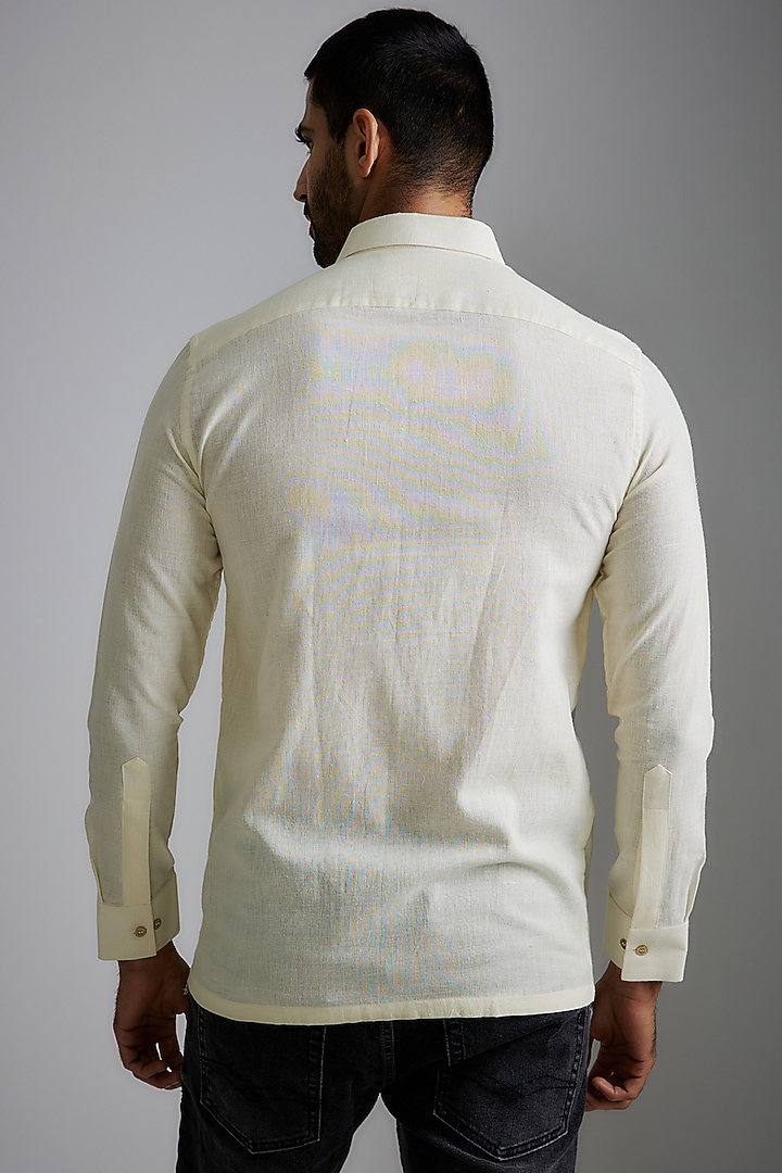 Ivory Handwoven Cotton Embroidered Party Wear Shirt by VAANI BESWAL MEN at Pernia's Pop Up Shop