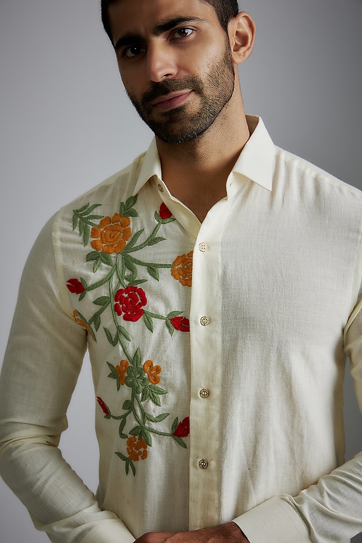 Ivory Handwoven Cotton Embroidered Party Wear Shirt by VAANI BESWAL MEN at Pernia's Pop Up Shop