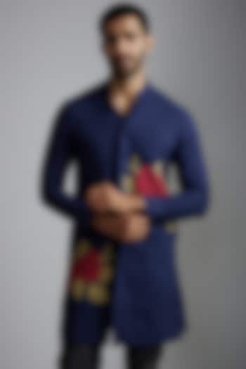 Blue Handwoven Embroidered Kurta by VAANI BESWAL MEN