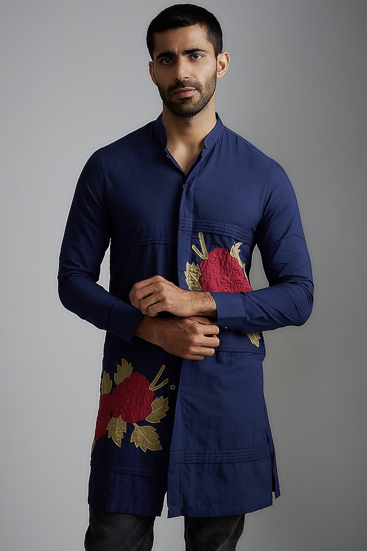 Blue Handwoven Embroidered Kurta by VAANI BESWAL MEN