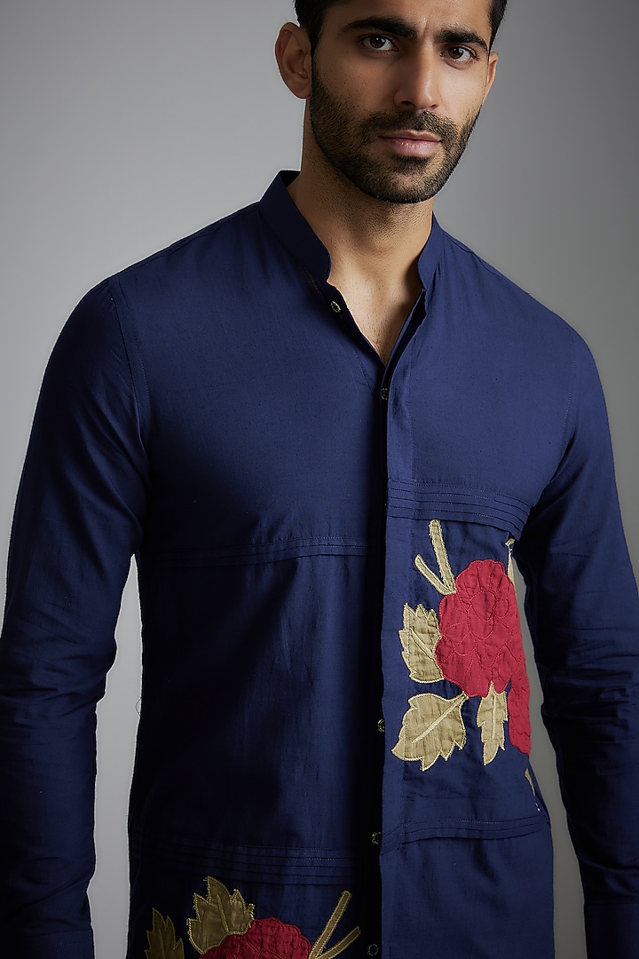 Blue Handwoven Embroidered Kurta by VAANI BESWAL MEN at Pernia's Pop Up Shop