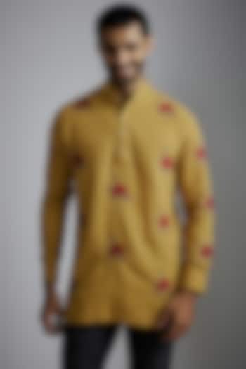 Yellow Handwoven Cotton Embroidered Kurta by VAANI BESWAL MEN