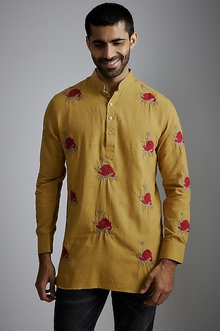 Yellow Handwoven Cotton Embroidered Kurta by VAANI BESWAL MEN