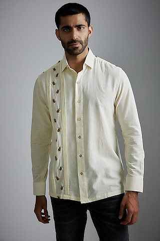 Ivory Handwoven Cotton Embroidered Shirt by VAANI BESWAL MEN