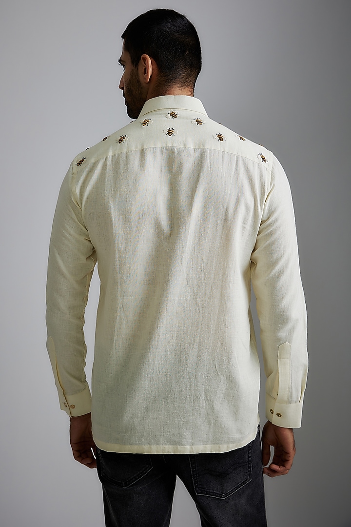 Ivory Handwoven Cotton Embroidered Party Wear Shirt by VAANI BESWAL MEN at Pernia's Pop Up Shop