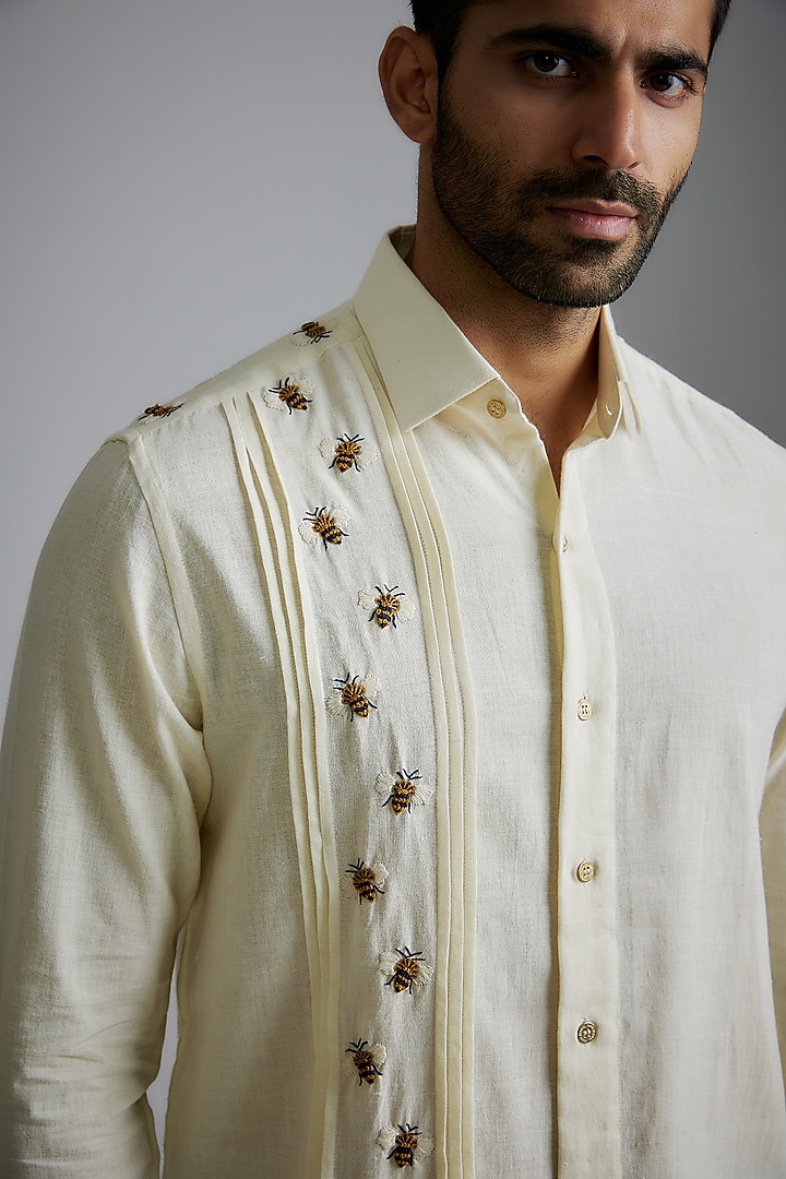 Ivory Handwoven Cotton Embroidered Party Wear Shirt by VAANI BESWAL MEN at Pernia's Pop Up Shop