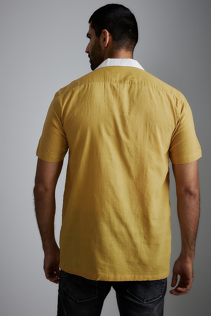 Yellow & Ivory Handwoven Cotton Silk Party Wear Shirt by VAANI BESWAL MEN at Pernia's Pop Up Shop