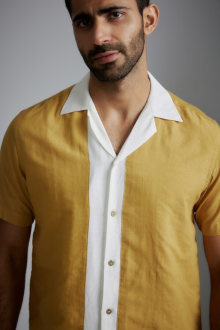 Yellow & Ivory Handwoven Cotton Silk Party Wear Shirt by VAANI BESWAL MEN at Pernia's Pop Up Shop