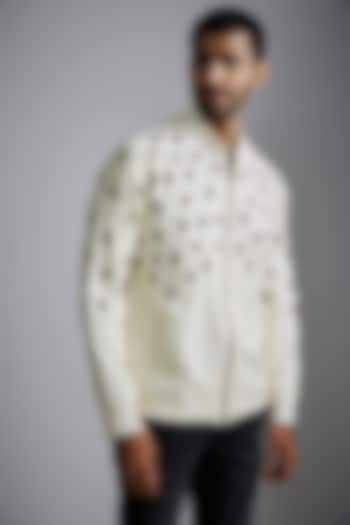 Ivory Handwoven Cotton Embroidered Bomber Jacket by VAANI BESWAL MEN