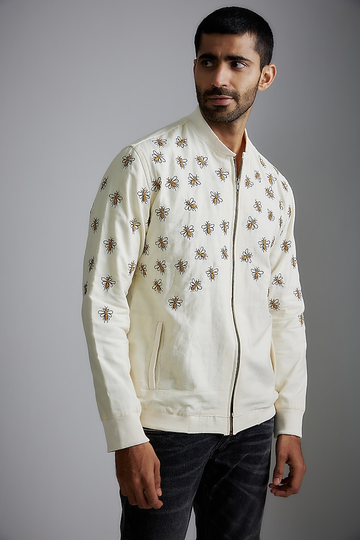 Ivory Handwoven Cotton Embroidered Bomber Jacket by VAANI BESWAL MEN