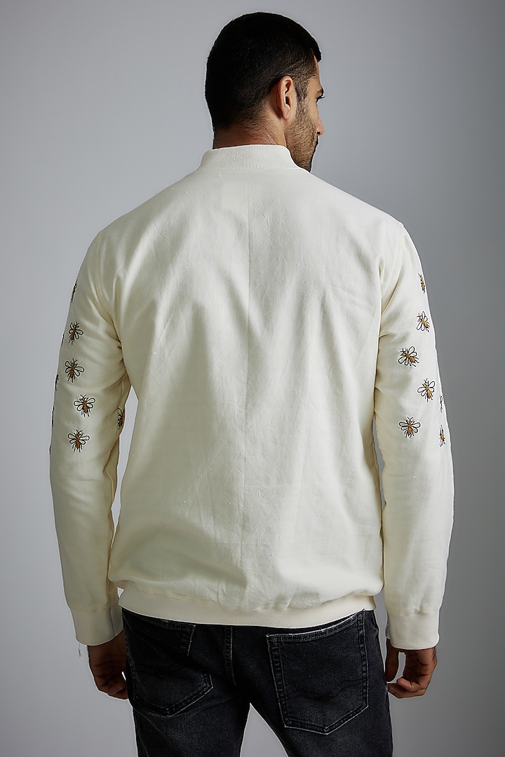 Ivory Handwoven Cotton Embroidered Bomber Jacket by VAANI BESWAL MEN at Pernia's Pop Up Shop
