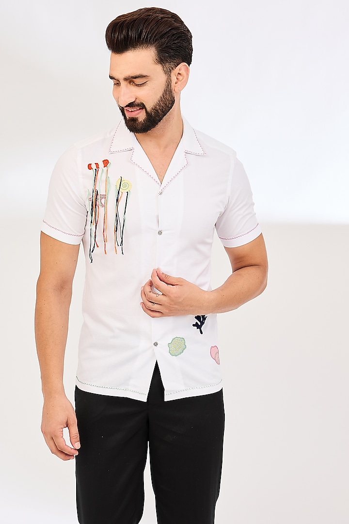 White Cotton Applique Hand Embroidered Shirt by VAANI BESWAL MEN