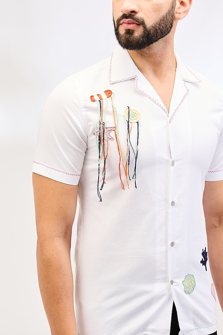 White Cotton Applique Hand Embroidered Party Wear Shirt by VAANI BESWAL MEN at Pernia's Pop Up Shop