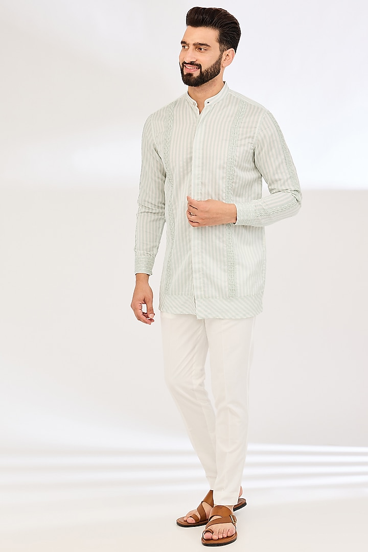 Green Chanderi Striped Kurta by VAANI BESWAL MEN