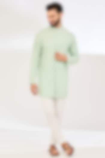 Mint Seersucker Pleated Kurta by VAANI BESWAL MEN