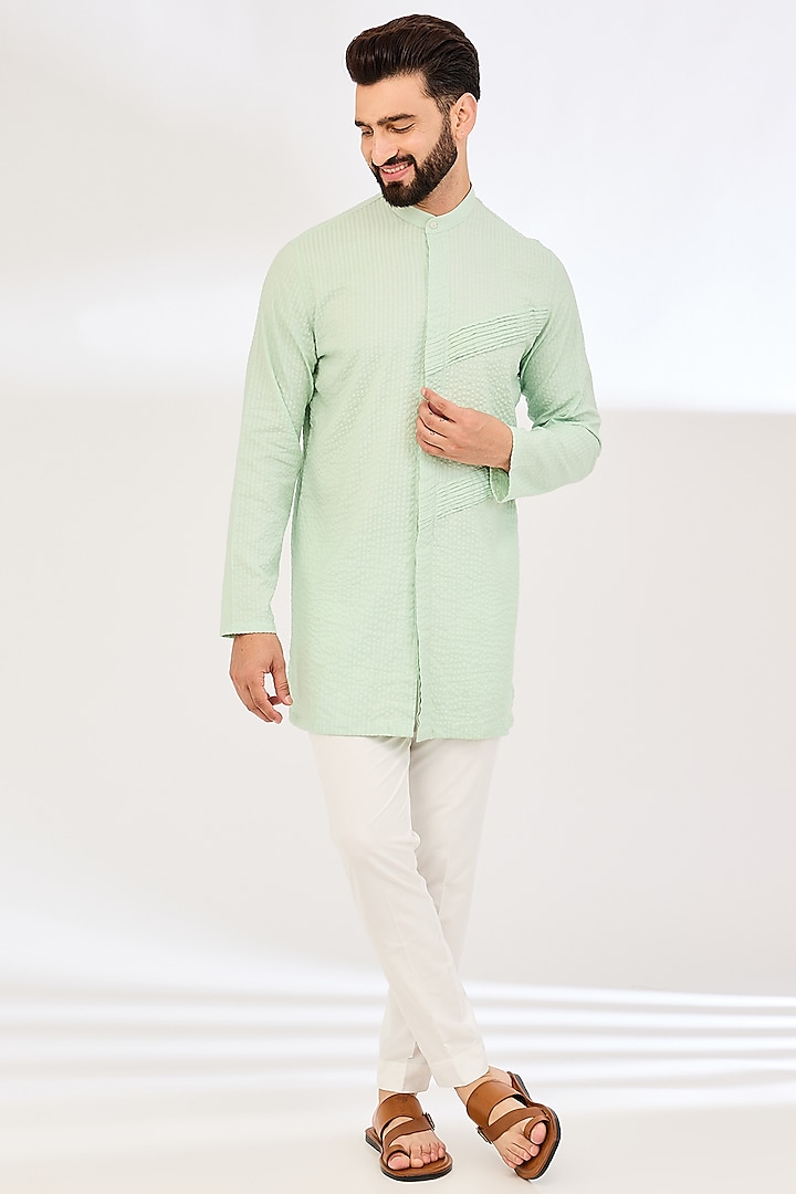 Mint Seersucker Pleated Kurta by VAANI BESWAL MEN