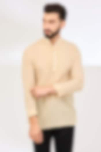 Beige Cotton Pleated Short Kurta by VAANI BESWAL MEN at Pernia's Pop Up Shop