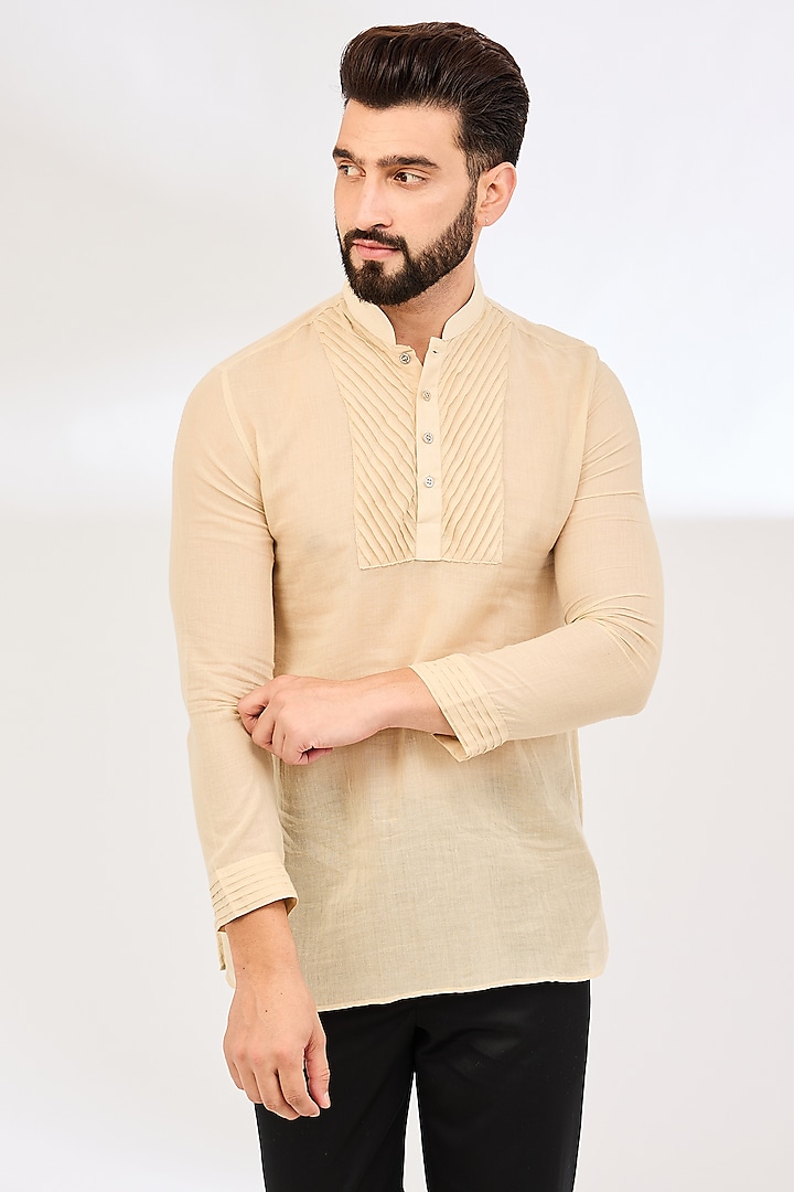 Beige Cotton Pleated Short Kurta by VAANI BESWAL MEN