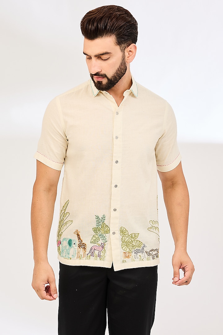 Ivory Cotton Khadi Thread Hand Embroidered Shirt by VAANI BESWAL MEN