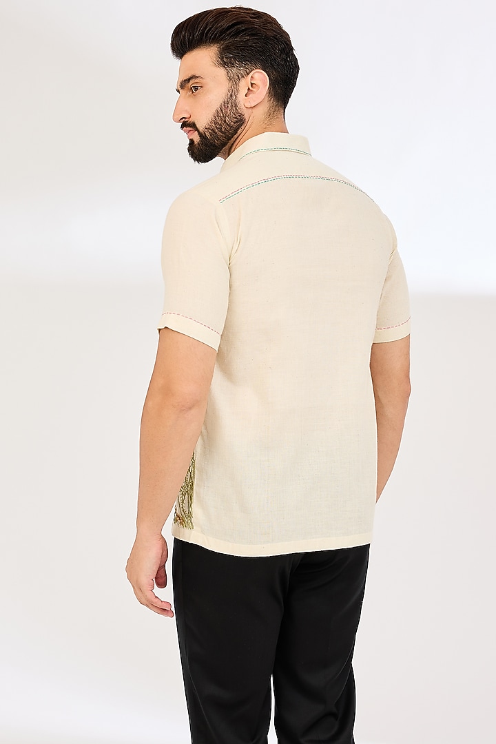 Ivory Cotton Khadi Thread Hand Embroidered Party Wear Shirt by VAANI BESWAL MEN at Pernia's Pop Up Shop