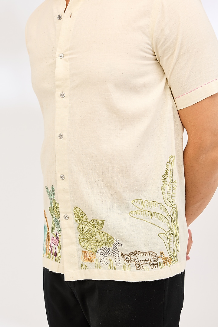 Ivory Cotton Khadi Thread Hand Embroidered Party Wear Shirt by VAANI BESWAL MEN at Pernia's Pop Up Shop