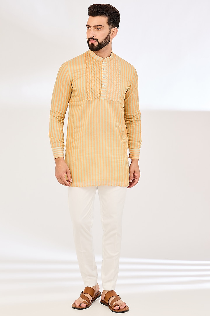 Orange Chanderi Striped Kurta by VAANI BESWAL MEN