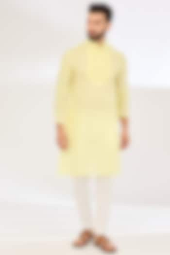 Yellow Handwoven Cotton Pleated Kurta by VAANI BESWAL MEN