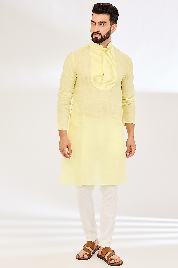 Yellow Handwoven Cotton Pleated Kurta by VAANI BESWAL MEN