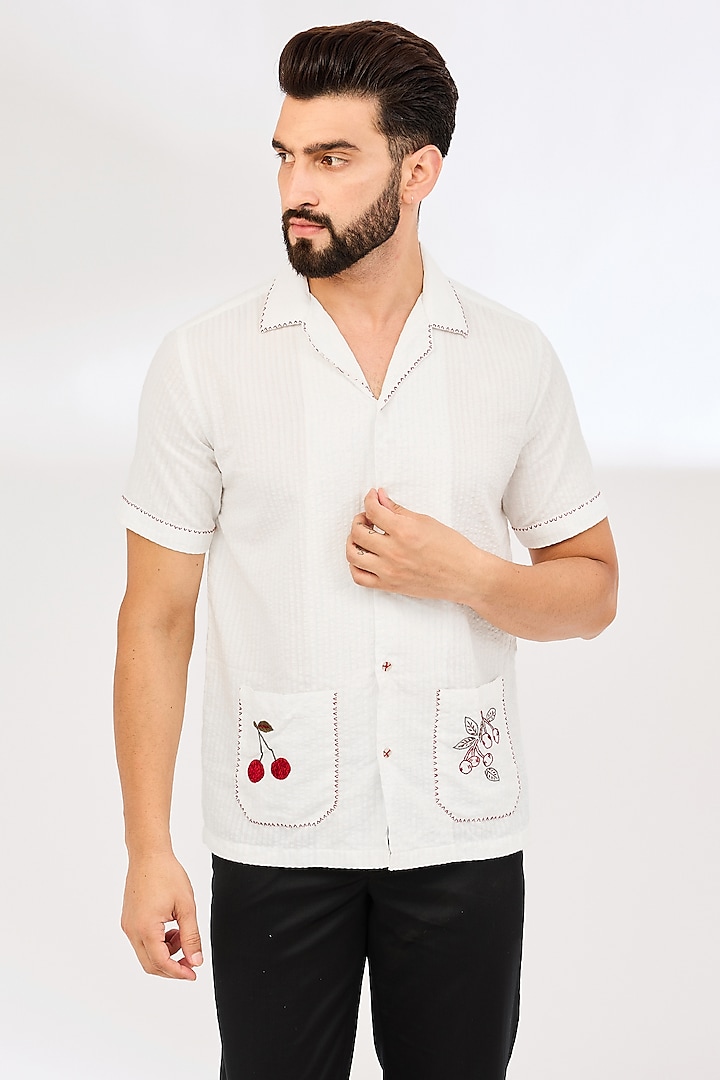 White Seersucker Thread Hand Embroidered Shirt by VAANI BESWAL MEN