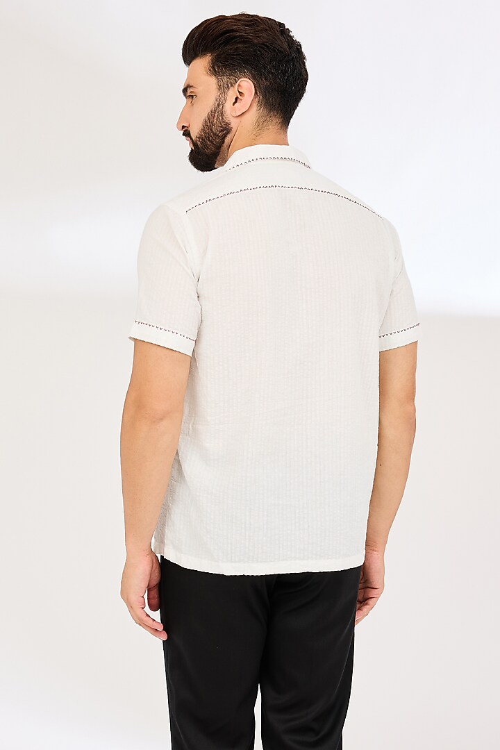 White Seersucker Thread Hand Embroidered Party Wear Shirt by VAANI BESWAL MEN at Pernia's Pop Up Shop