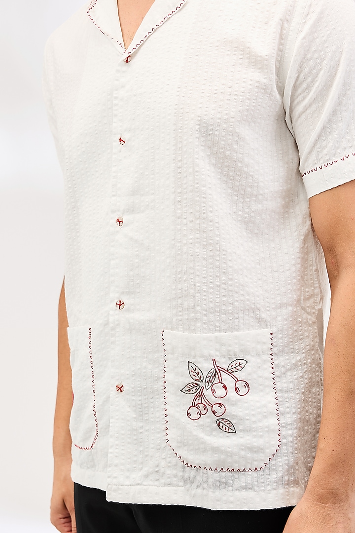 White Seersucker Thread Hand Embroidered Party Wear Shirt by VAANI BESWAL MEN at Pernia's Pop Up Shop