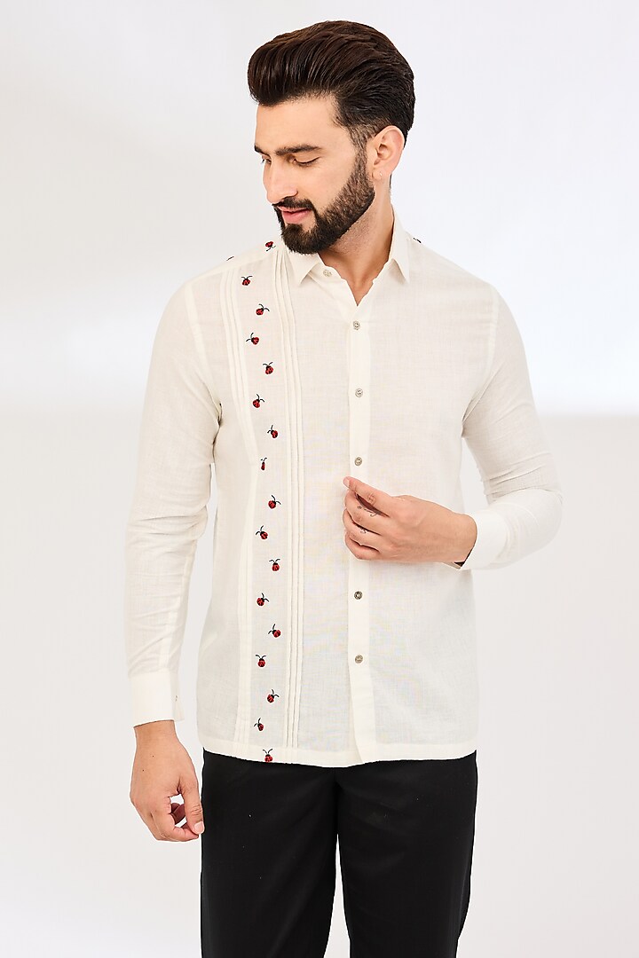 Off-White Handwoven Cotton Thread Hand Embroidered Shirt by VAANI BESWAL MEN