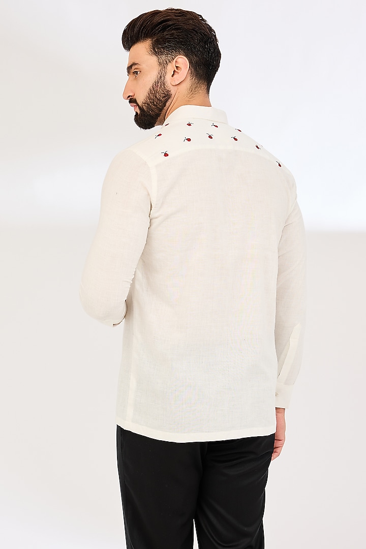 Off-White Handwoven Cotton Thread Hand Embroidered Party Wear Shirt by VAANI BESWAL MEN at Pernia's Pop Up Shop