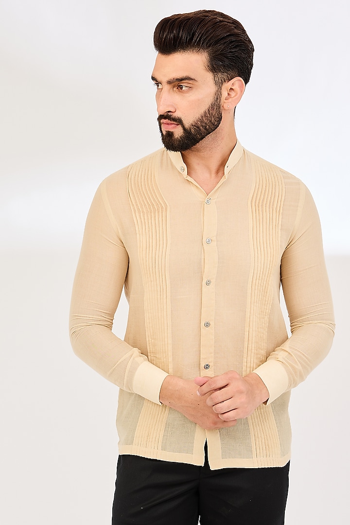 Beige Cotton Pleated Shirt by VAANI BESWAL MEN