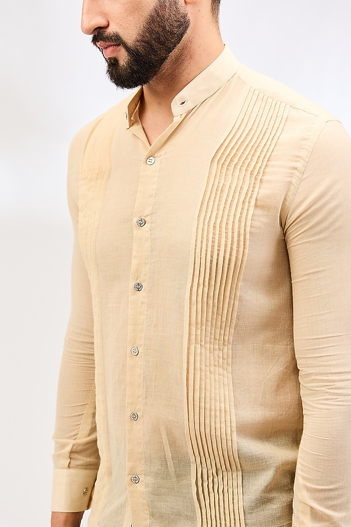 Beige Cotton Pleated Party Wear Shirt by VAANI BESWAL MEN at Pernia's Pop Up Shop