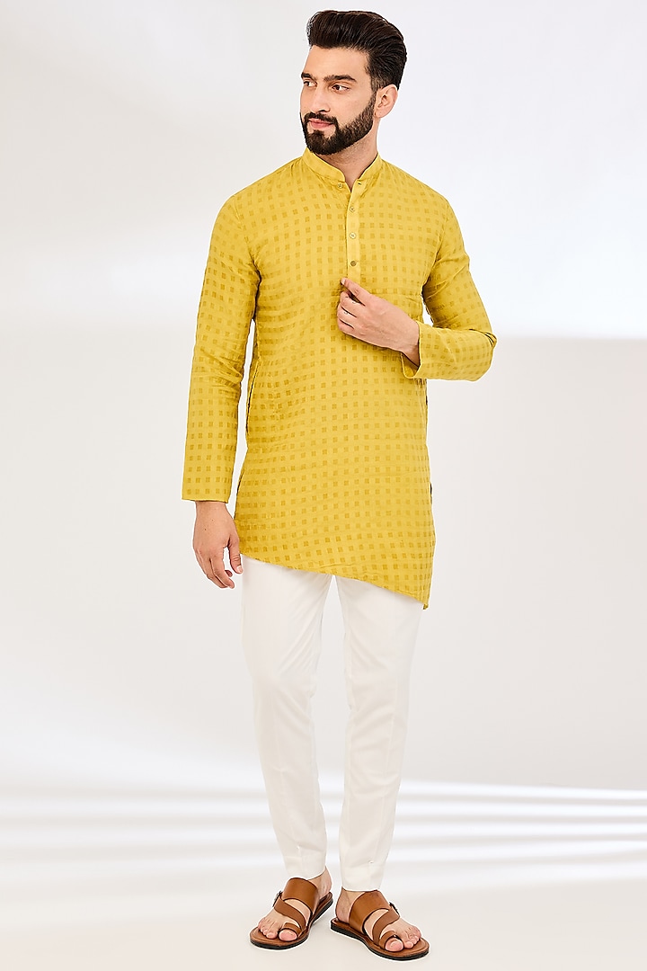 Yellow Mulberry Silk Asymmetric Kurta by VAANI BESWAL MEN