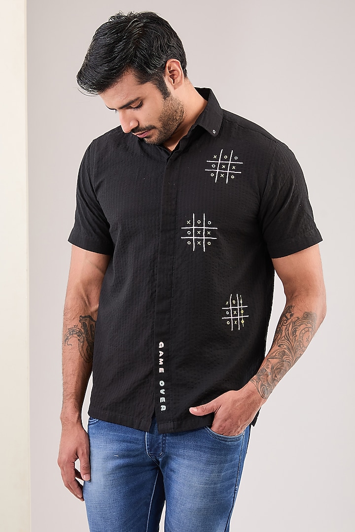 Black Seersucker Hand Embroidered Shirt by VAANI BESWAL MEN