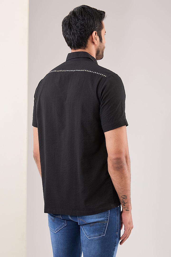 Black Seersucker Hand Embroidered Party Wear Shirt by VAANI BESWAL MEN at Pernia's Pop Up Shop