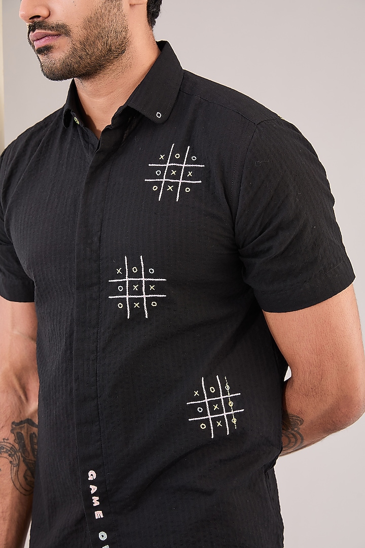 Black Seersucker Hand Embroidered Party Wear Shirt by VAANI BESWAL MEN at Pernia's Pop Up Shop
